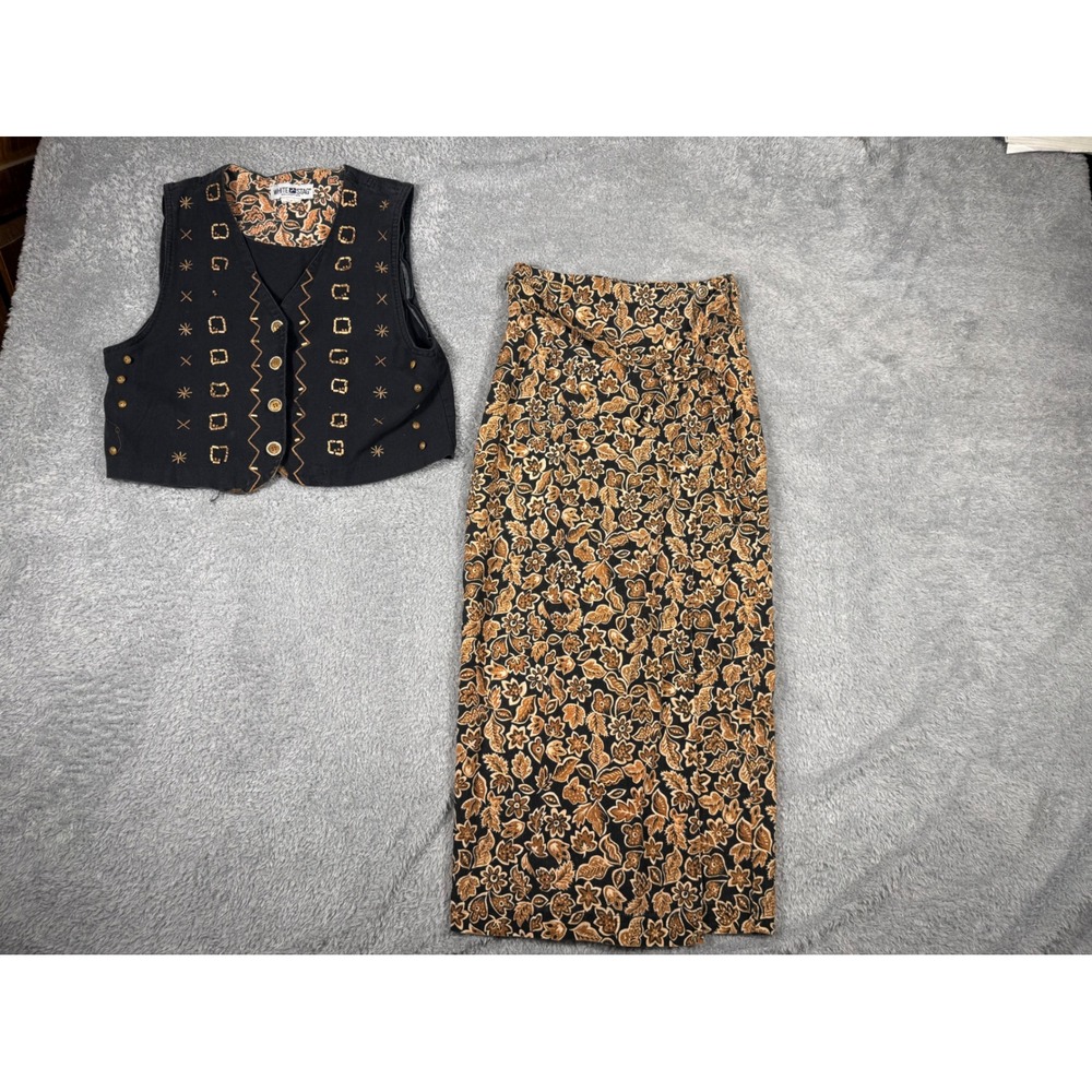 White Stag Skirt Set Womens S Black Brown Good 90s Vintage Beaded Floral Boho